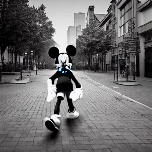 Prompt: Mickey mouse running through town scaring people, realistic, photograph