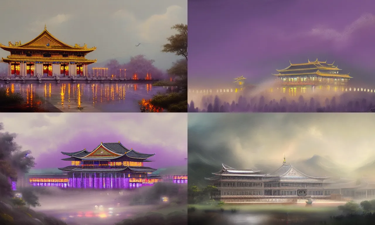 Prompt: a beautiful painting of daming palace ， lights, rain ， fog ， unknown ， purple lightning travels through the air, overlook, junling wang on artstation