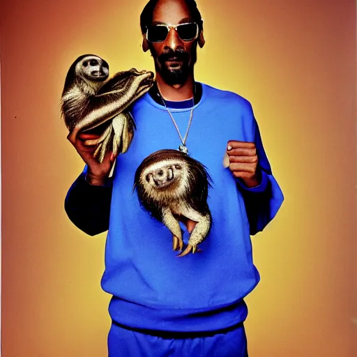 Image similar to Snoop Dogg holding a Sloth for a 1990s sitcom tv show, Studio Photograph, portrait, C 12.0