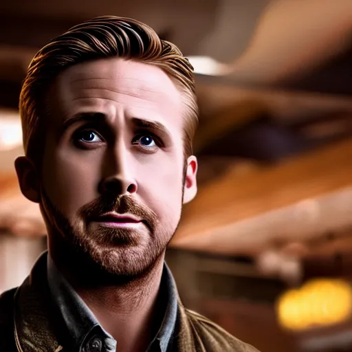 Image similar to Ryan Gosling holding cute caracal in a cafe in a cyberpunk city, close up shot, sharp focus, shallow depth of field, highly detailed face, 8k, unreal engine 5, cinematic lighting, vivid elegant fantasy concept art, character art, stern blue neon atmosphere, artstation, deep complimentary colors, volumetric lighting, photorealistic, hyperdetailed 3D matte painting, hyperrealism, hyperrealistic masterpiece