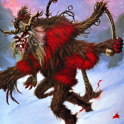 Image similar to christmas monster krampus, fantasy digital art by John Howe