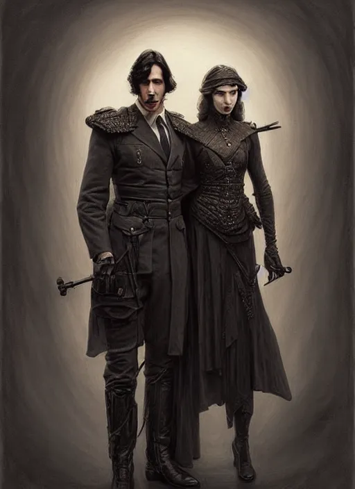 Image similar to portrait of two people, john oliver is short, adam driver is tall, standing together, stoic, full body, military uniform, fantasy, intricate, elegant, beautiful, highly detailed, charcoal, centered, dark, smokey, digital painting, artstation, concept art, smooth, sharp focus, illustration, art by artgerm and greg rutkowski and alphonse mucha