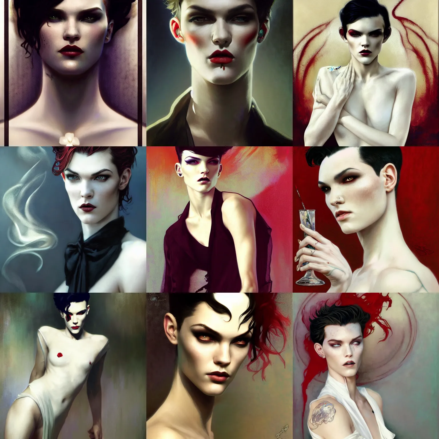 Prompt: beautiful portrait of androgynous ruby rose as desire from sandman wearing a closed white tuxedo, rockabilly style, by cedric peyravernay, alphonse mucha, by jeremy mann, by lecouffe deharme, soft lightning, high detailed, 8 k