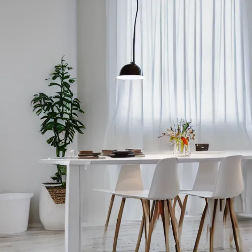 Prompt: a modern fashionable white wooden table design in a white studio environment