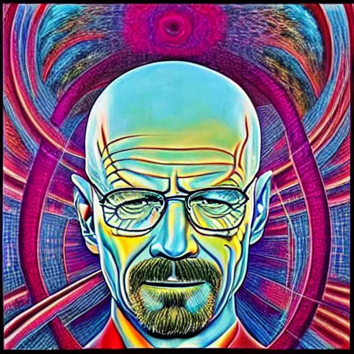 Image similar to psychedelic portrait of walter white painted by alex grey, tool album cover art