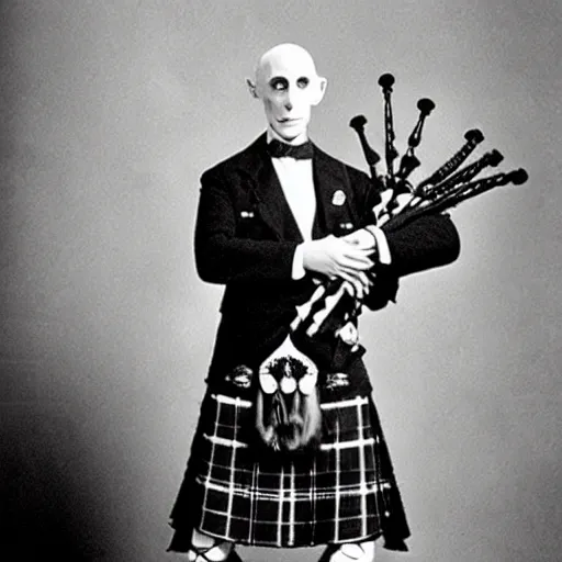 Image similar to beautiful count orlok in a kilt playing bagpipes