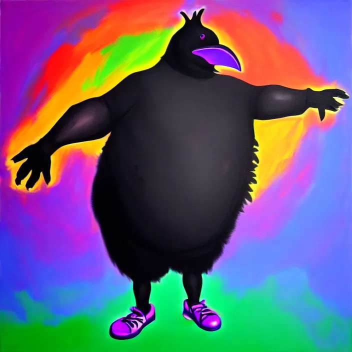 Prompt: a fat anthropomorphic male raven fursona dancing at a rave, furry, oil on canvas, cute, vivid saturation