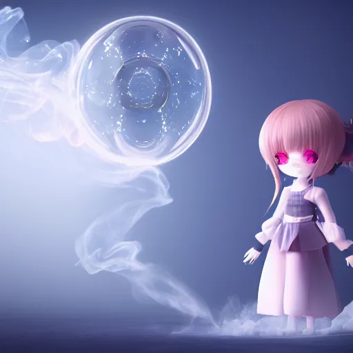 Image similar to cute fumo plush girl gazing into a crystal ball swirling with strange energy, smoke and volumetric fog, lens flare glow, chibi, vray