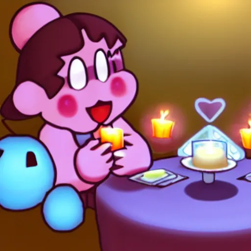 Prompt: kirby eating dinner with companion cube from the game portal, romantic, candlelight, realistic, photo