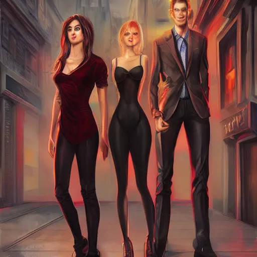 Prompt: adult pair of twins, male and female, arrogant and mischeivous, urban fantasy, half portrait, urban background, highly detailed, digital painting, artstation, concept art, sharp focus, smooth, art by artgerm and livia prima and magali villeneuve, elegant red black and gold clothing