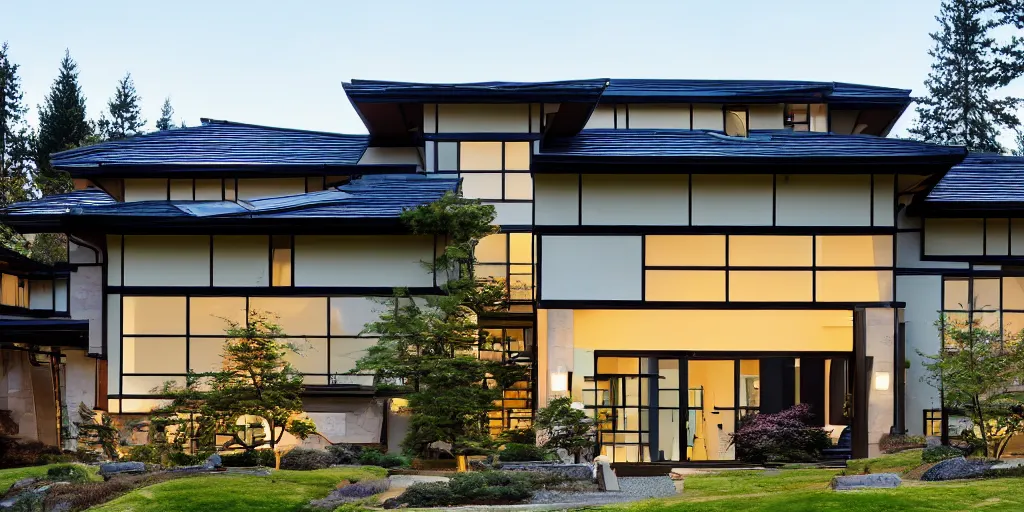 Prompt: large modern residence, washington state japanese style, flared japanese black tile roof, many large windows with light, elegant