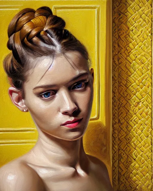 Prompt: a ultradetailed beautiful panting of a stylish woman sitting on the floor in a tiled room, highly detailed face, french braid hairstyle, yellow eyes, oil painting, by kushinov ilya