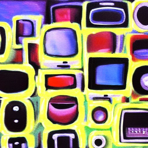 Prompt: fuzzy, furry, array of crt televisions, tv static, antenna, stacked, polaroid, steroids, adult video store, impressionist painting, painting, acrylic painting, cell shaded