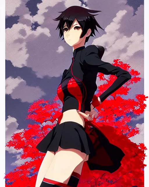 Image similar to makoto shinkai, artgerm, ilya kuvshinov, beautiful anime women with black red and red lace trim, black and red hair, wind powers symmetrical face, symmetrical eyes, detailed, field setting, cinematic lighting