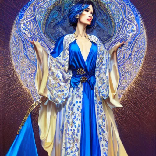 Prompt: a beautiful woman wearing a blue and white kaftan made of silk with golden ornaments and diamonds by alex gray and android jones , Karol Bak, Ayami Kojima, Amano , concept art, character design, fantasy,3D, 8k resolution