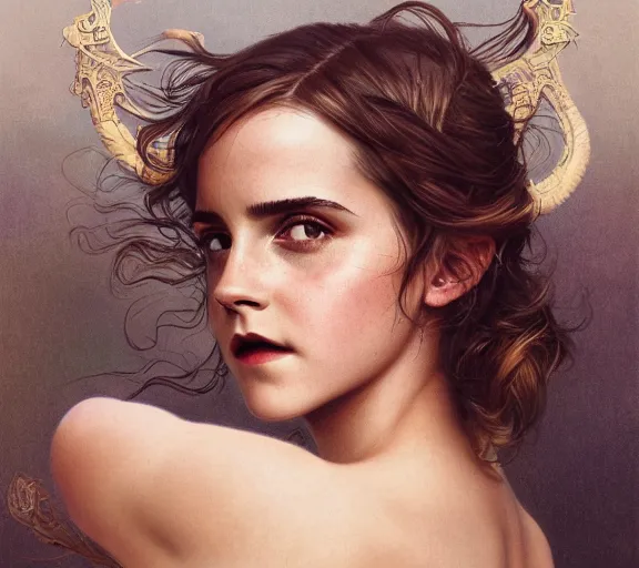 Image similar to photography of emma watson with hands - up and hairy armpits, deep focus, intricate, elegant, highly detailed, digital painting, artstation, concept art, matte, sharp focus, illustration, art by artgerm and greg rutkowski and alphonse mucha and gil elvgren