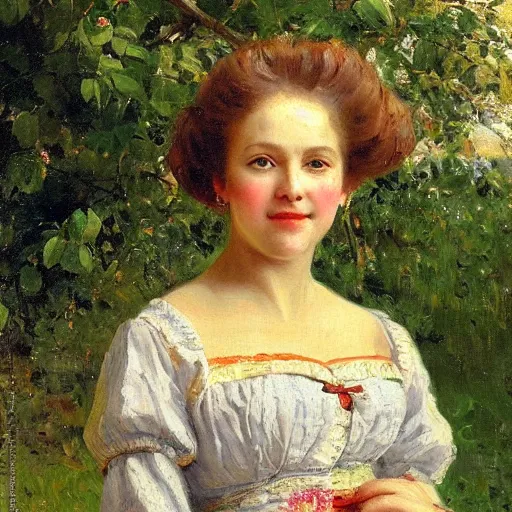 Image similar to portrait of a young woman outside in an orchard, painted by nikolay makovsky, detailed