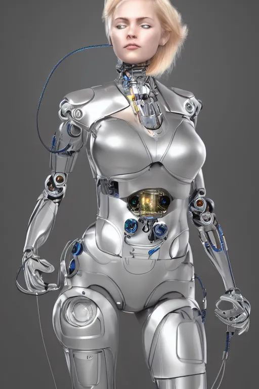 Image similar to a beautiful woman with blonde hair wearing robot suit with wires and light, highly detailed, photorealistic, artstation, smooth