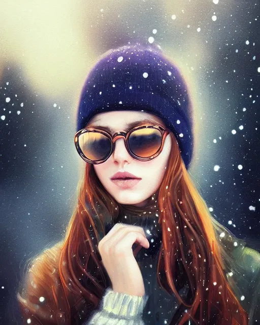 Prompt: glamor portrait, young female model, electric sunglasses, beanie, turtleneck, falling snow, cloudy background, intricate detailed photorealistic by mandy jurgens and studio ghibli and alyssa monks, bold colors, artstation