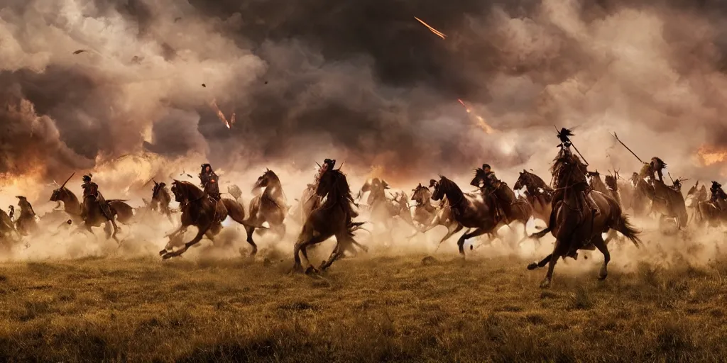 Prompt: promotional movie still rendered in octane, of an action shot from the battle of little bighorn, custer's last stand, majestic horses, desperate action, dramatic hdr natural light, cinematic lighting, extremely high detail, photorealistic, imax 7 0 mm, iso 4 0 0, 8 k, 4 k, hq