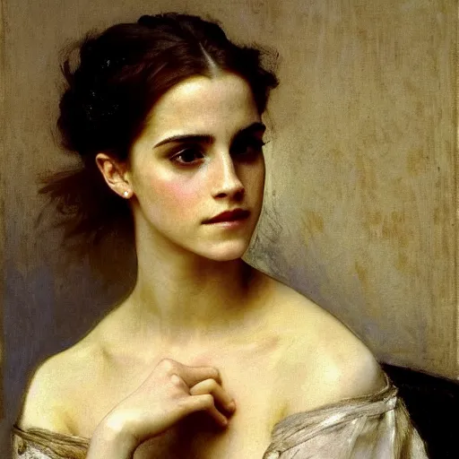 Prompt: Portrait of Emma Watson, by William Adolphe Bouguereau, John Singer Sargent, Vermeer, serene