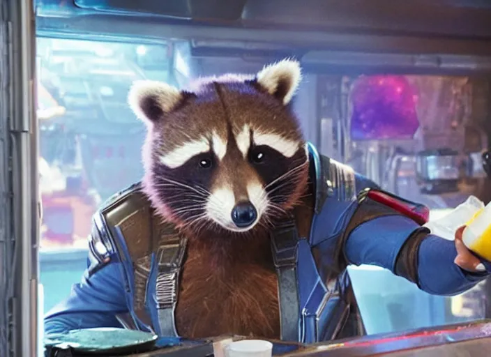 Prompt: film still of Rocket Racoon working in an ice cream truck in the new Guardians of the Galaxy movie, 4k