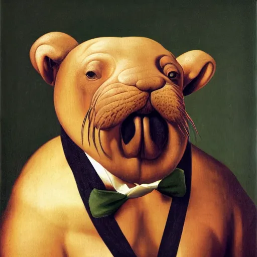 Prompt: Renaissance portrait of Walrus wearing bowtie and suspenders