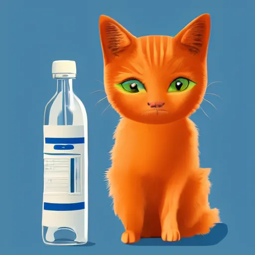 Prompt: a cat standing next to a bottle of medicine. the cat was orange in color and having fluffy fur. animal. digital art. pixabay. shutterstock. artstation.