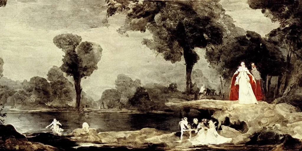 Prompt: hyperrealismBaptism on the river monster spider and girls in white capes landscape in style of Goya