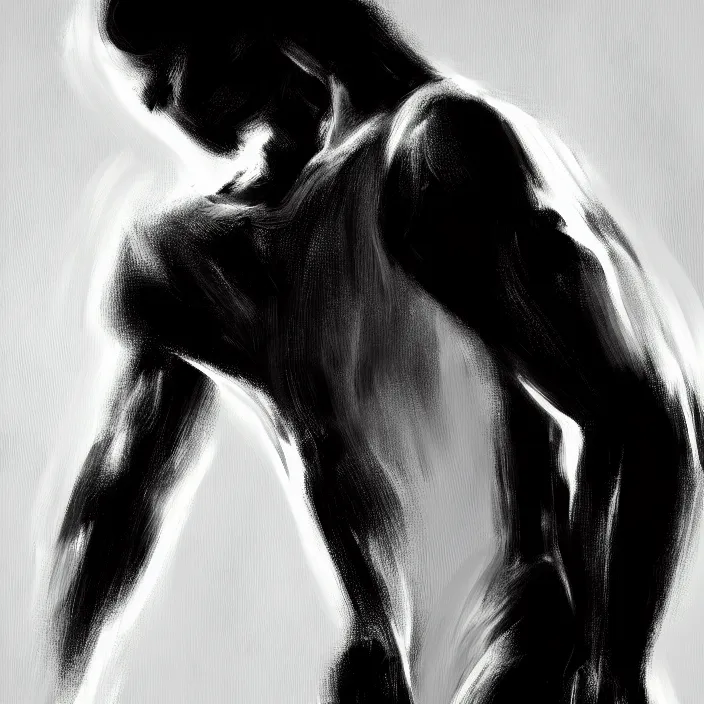 Image similar to abstract closeup of a thin, athletic physique man's body made of abstract, thick flowing dramatic brush strokes, no face, strong wind, white background, matte colors, impressionist, extreme motion, trending on artstation