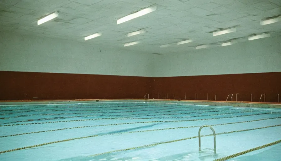 Image similar to 60s movie still of a sovietic stalinist style empty municipal swimming pool with tiles, cinestill 800t 50mm eastmancolor, liminal Space style, heavy grain-s 150