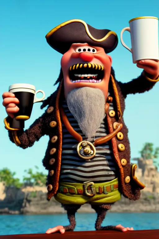 Image similar to the pirate blackbeard very expressive holding a cup of coffee, full body with a pirate ship on background. pixar disney 4 k 3 d render funny animation movie oscar winning trending on artstation and behance. ratatouille style.