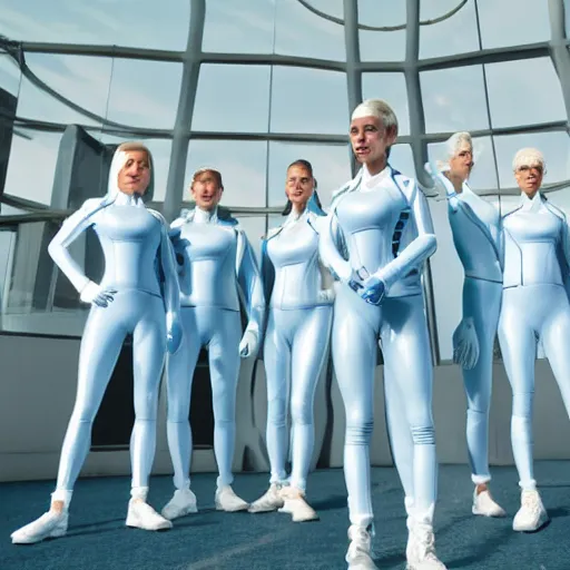 Image similar to troop of identical athletic humans with white hair wearing tight light blue latex suits, in formation, futuristic chemistry lab, sci - fi, highly detailed, hyperrealistic