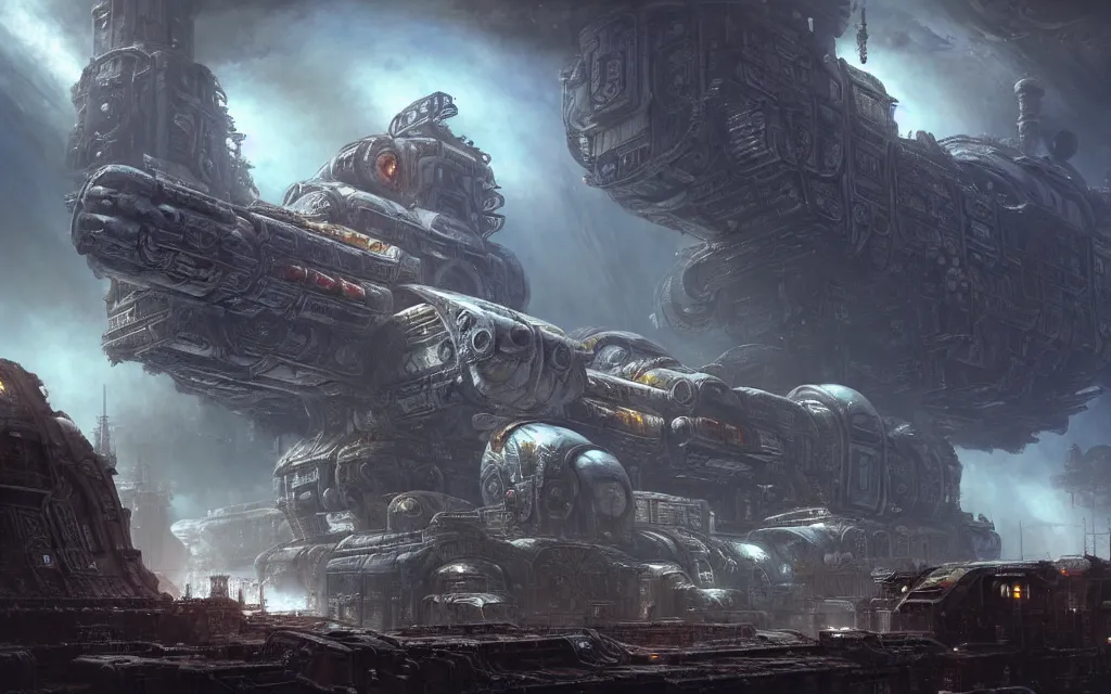 Prompt: a beautiful highly detailed matte painting of a huge derelict ancient cargo starship, Space Hulk, WarHammer 40k by Jose Daniel Cabrera Pena and Leonid Kozienko, designed by Ruan Jia. concept art