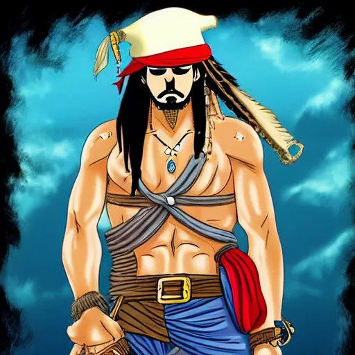Image similar to Jack Sparrow in the style of One Piece