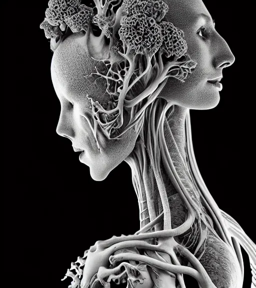 Image similar to dark background, a black and white high quality dreamy photo of a young beautiful female queen-vegetal-dragon-cyborg bust with a very long neck and delicate Mandelbrot fractal face, anatomical, facial muscles, veins, arteries, elegant, highly detailed, flesh highly baroque ornate, hair are curled wired cables, elegant, poetic, dreamy, mysterious, high fashion, rim light, in the style of Ellen von Unwerth, Realistic, Refined, Digital Art, Highly Detailed, Cinematic Lighting, rim light, black and white, photo-realistic, 8K