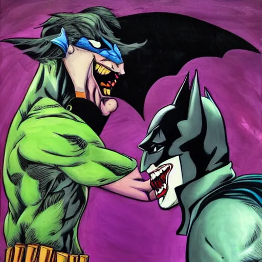 Prompt: batman fighting the joker in a garden by night in the style of justin mortimer
