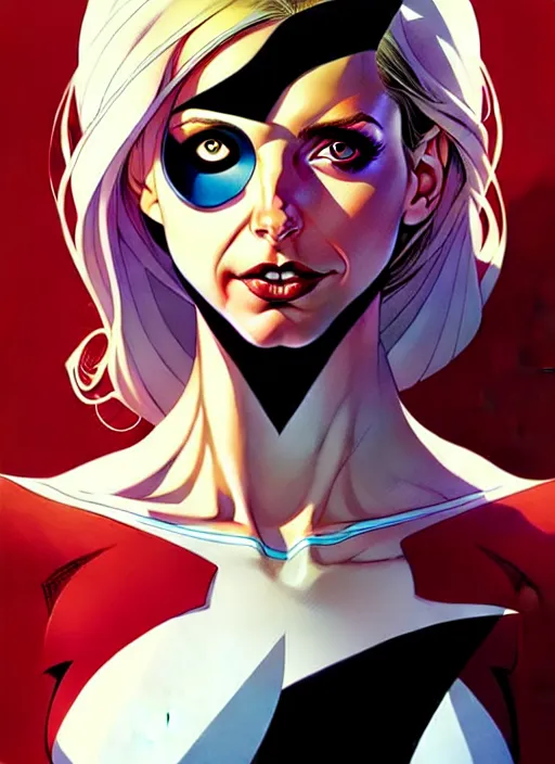 Image similar to artgerm, joshua middleton comic cover art, pretty sarah michelle gellar superhero, asymmetrical black oval spot covering left eye, left eye only, very pale white skin, no spot right eye, white around right eye