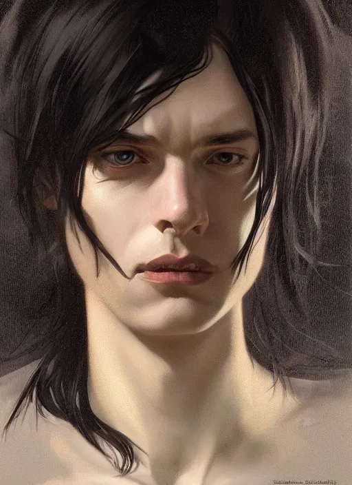 Image similar to An androgynous man with long black hair and a partially skeletal face, highly detailed, digital painting, artstation, concept art, sharp focus, illustration, art by greg rutkowski and alphonse mucha