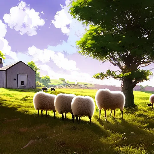 Prompt: an irish farmer herding sheep next to his small homestead in the irish countryside, highly detailed, digital painting, concept art, sharp focus, by makoto shinkai