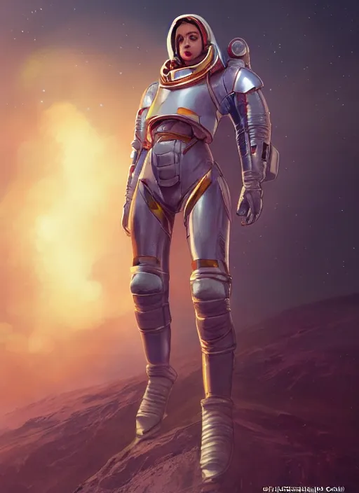 Image similar to hyper realistic photography, space paladin crusader astronaut girl, full body, rule of thirds, human proportion, good anatomy, beautiful face, conceptart, saturated colors, cinematic, juan gimenez, redshift, octane