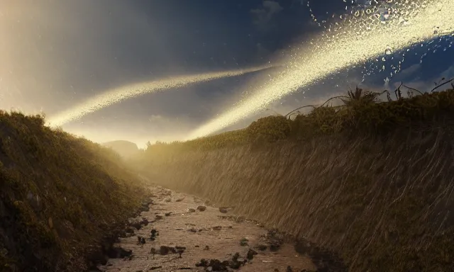 Prompt: beautiful photograph of a vertical tunnel made of raindrops in the blue sky, between a dried up river and the sun, highly-detailed, fantastic, dramatic lighting, artstation, 4k