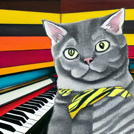 Prompt: grey british shorthair cat with colorful stripes sitting on piano keys with musical notes in the background ultra detailed realistic fine art painting 4 k