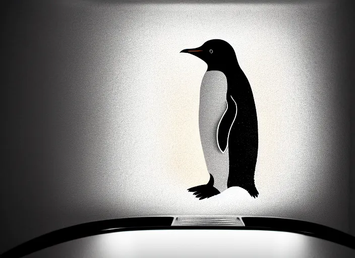 Image similar to penguin inside a refrigerator, colorful,modern art deco, Mads Berg, Karolis Strautniekas,small finely stippled light, dramatic lighting, editorial illustration, detailed, matte print, film noir, dynamic composition,moody