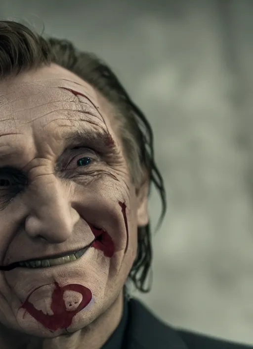 Image similar to Liam Neeson in the role of the Joker, realistic, studio photography, 4k, detailed face, cinematic lighting