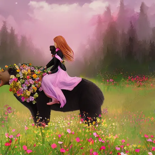 Image similar to girl riding a giant black bear in a field of flowers, trending on artstation