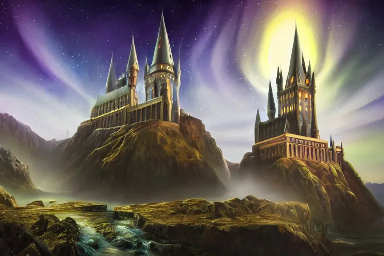 Image similar to mysterious painting of Hogwarts under the northern lights, immaculate scale, hyper-realistic, Unreal Engine, Octane Render, digital art, trending on Artstation, 16k, detailed, atmospheric, immaculate