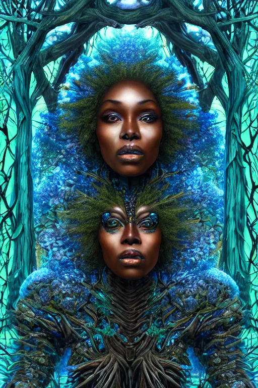 Prompt: hyperrealistic lowbrow super expressive! black woman with exoskeleton armor, merging with tree in a forest, highly detailed digital art masterpiece smooth cam de leon hannah yata dramatic pearlescent blue teal light ground angle hd 8 k sharp focus