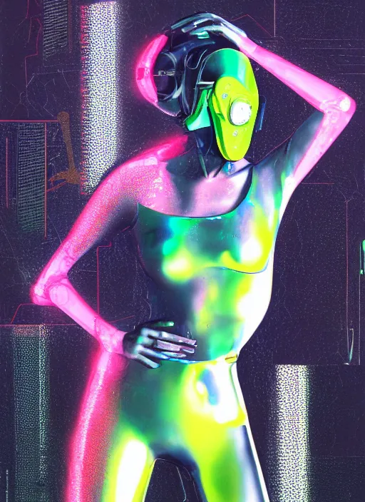 Prompt: futuristic lasers, data visualization, cyberpunk bodysuit, mask, laserpunk, visor, rain, wet, oiled, sweat, girl pinup, by steven meisel, james jean and rolf armstrong, geometric cubist perfect geometry abstract acrylic and hyperrealism photorealistic airbrush collage painting with menocjrome muted and neon fluorescent colors