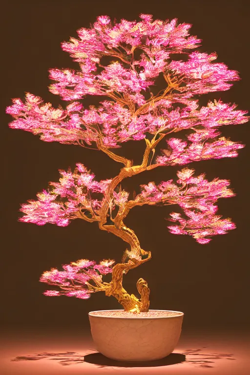 Prompt: a neon sakura bonsai, glowing leaves, intricately detailed divine pot, glow, ornate, explosion of colors, photorealistic, unreal engine 5